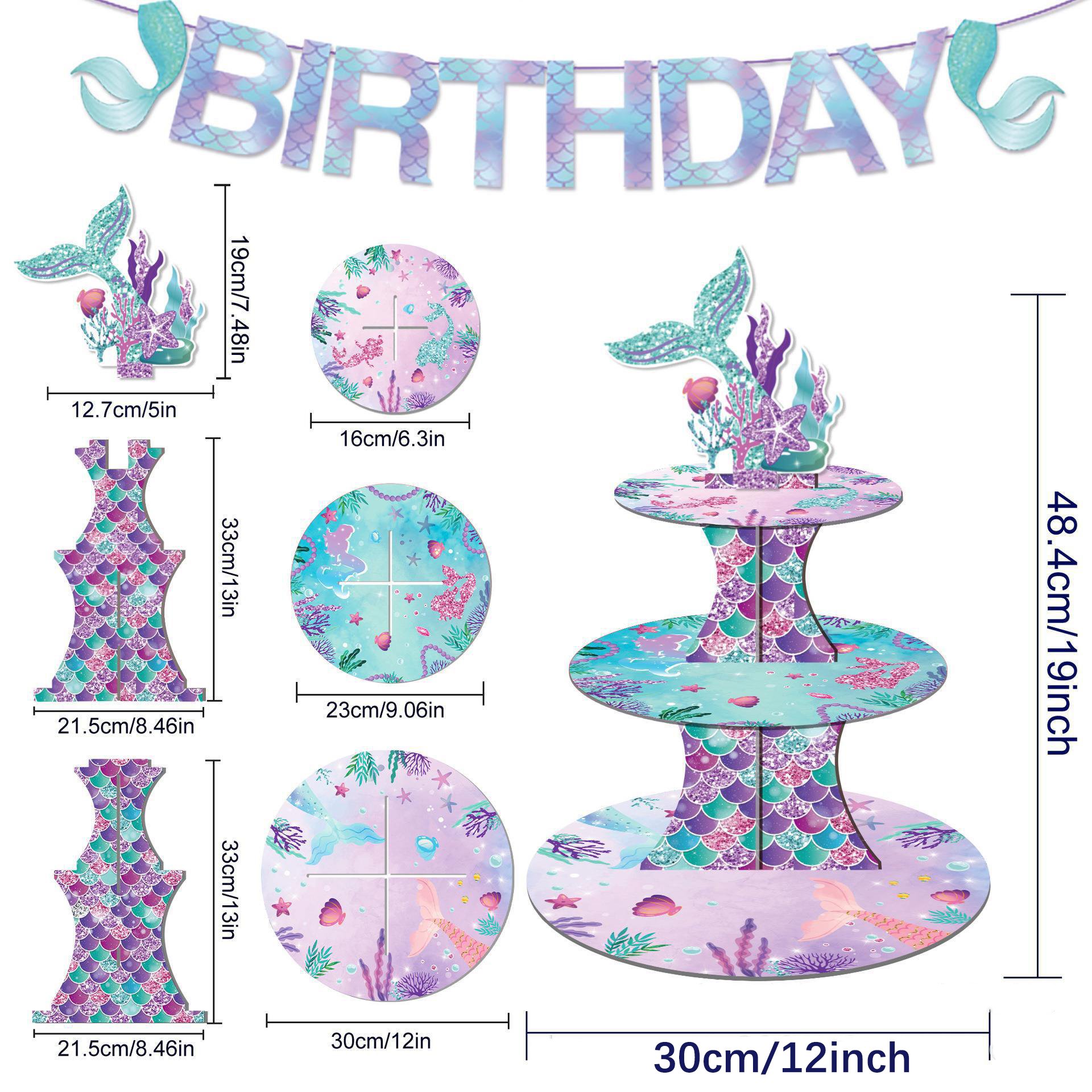 Dazzling Ocean Mermaid Fish Tail Birthday Party Disposable Three Layer Cake Stand Self-installed Supply Dessert Tray for Wedding