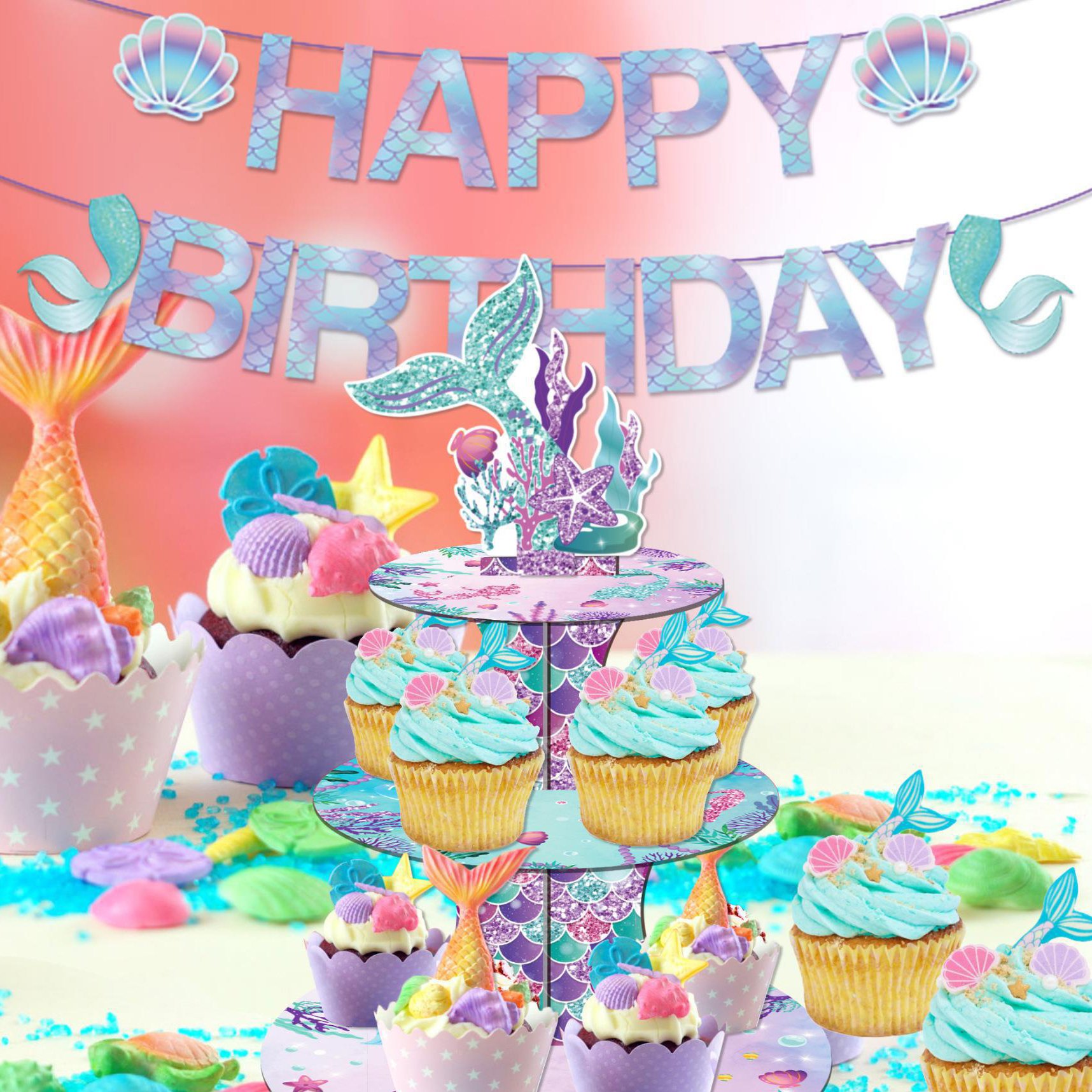 Dazzling Ocean Mermaid Fish Tail Birthday Party Disposable Three Layer Cake Stand Self-installed Supply Dessert Tray for Wedding
