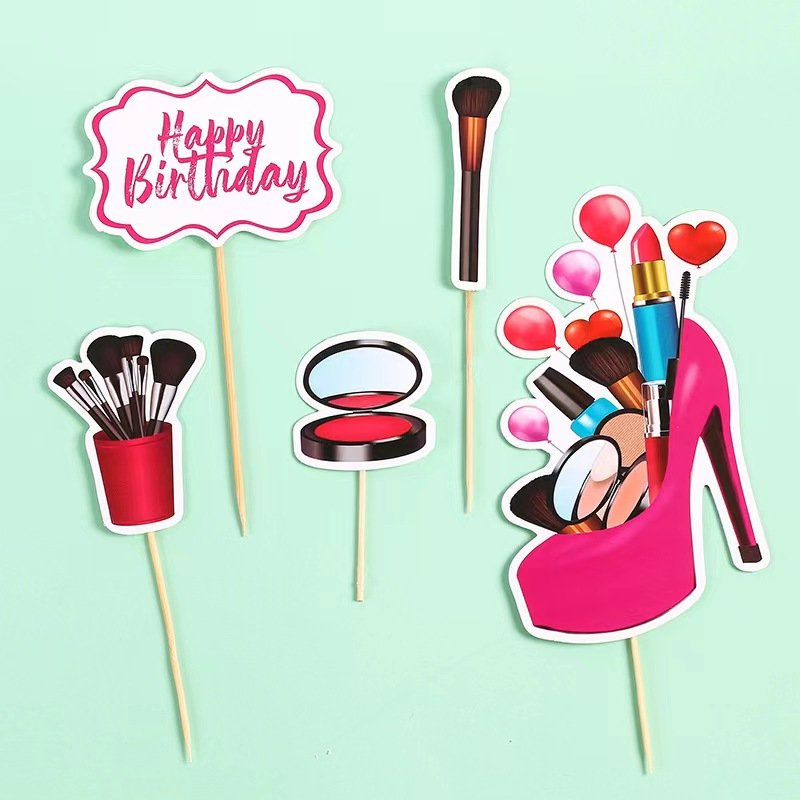 New Arrival Paper Happy Birthday Cake Decoration Perfume Lipstick Card Insert Glasses Heels Makeup Paper Set Cake Balloons