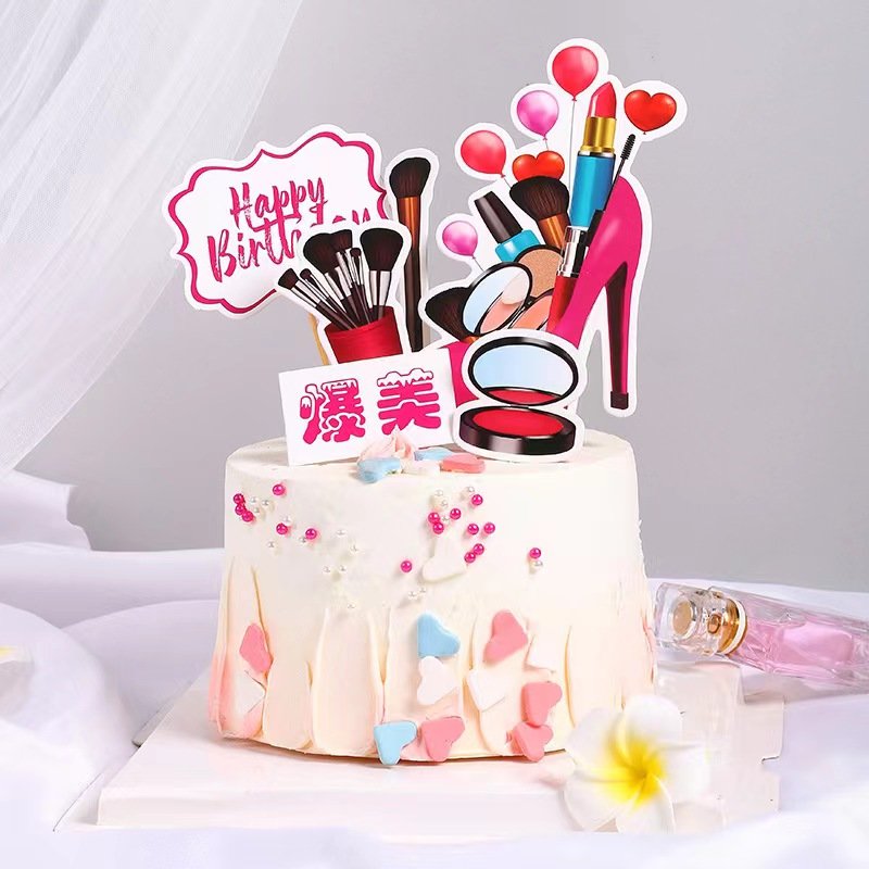 New Arrival Paper Happy Birthday Cake Decoration Perfume Lipstick Card Insert Glasses Heels Makeup Paper Set Cake Balloons