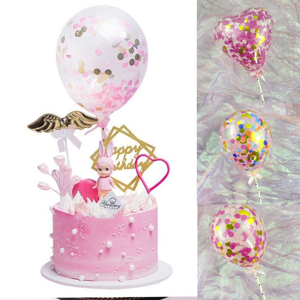 Transparent Roundness Heart-shaped Cake Decoration Confetti Balloon Happy Birthday Cake Topper
