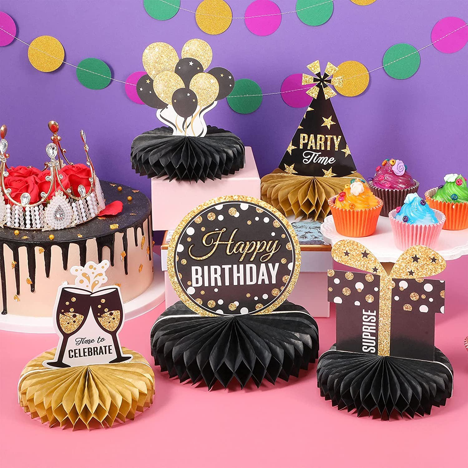 Ychon new year 2025 party decoration black and gold table topper honreycomb with paper card holiday table centerpieces