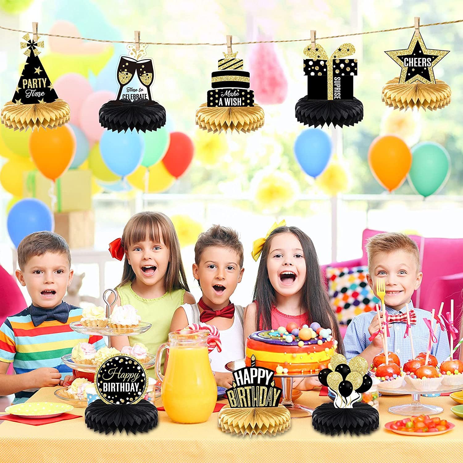 Ychon new year 2025 party decoration black and gold table topper honreycomb with paper card holiday table centerpieces