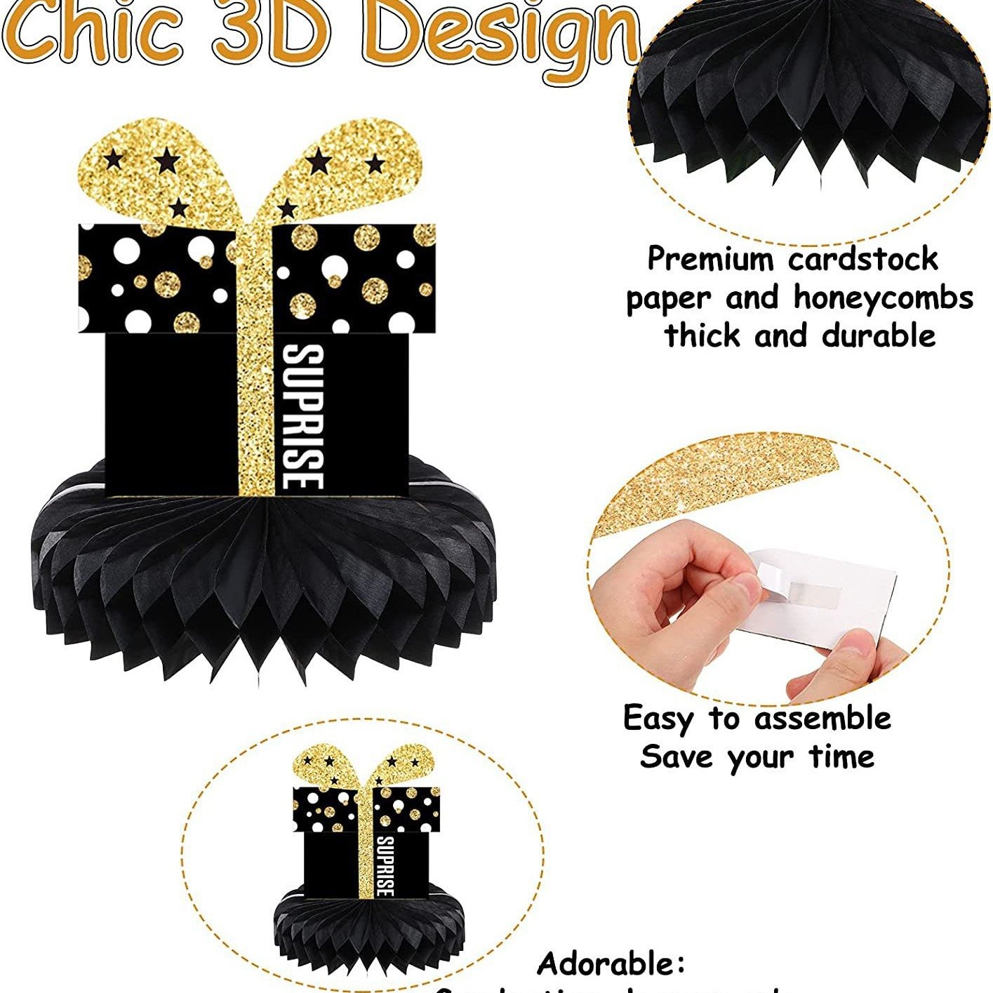 Ychon new year 2025 party decoration black and gold table topper honreycomb with paper card holiday table centerpieces