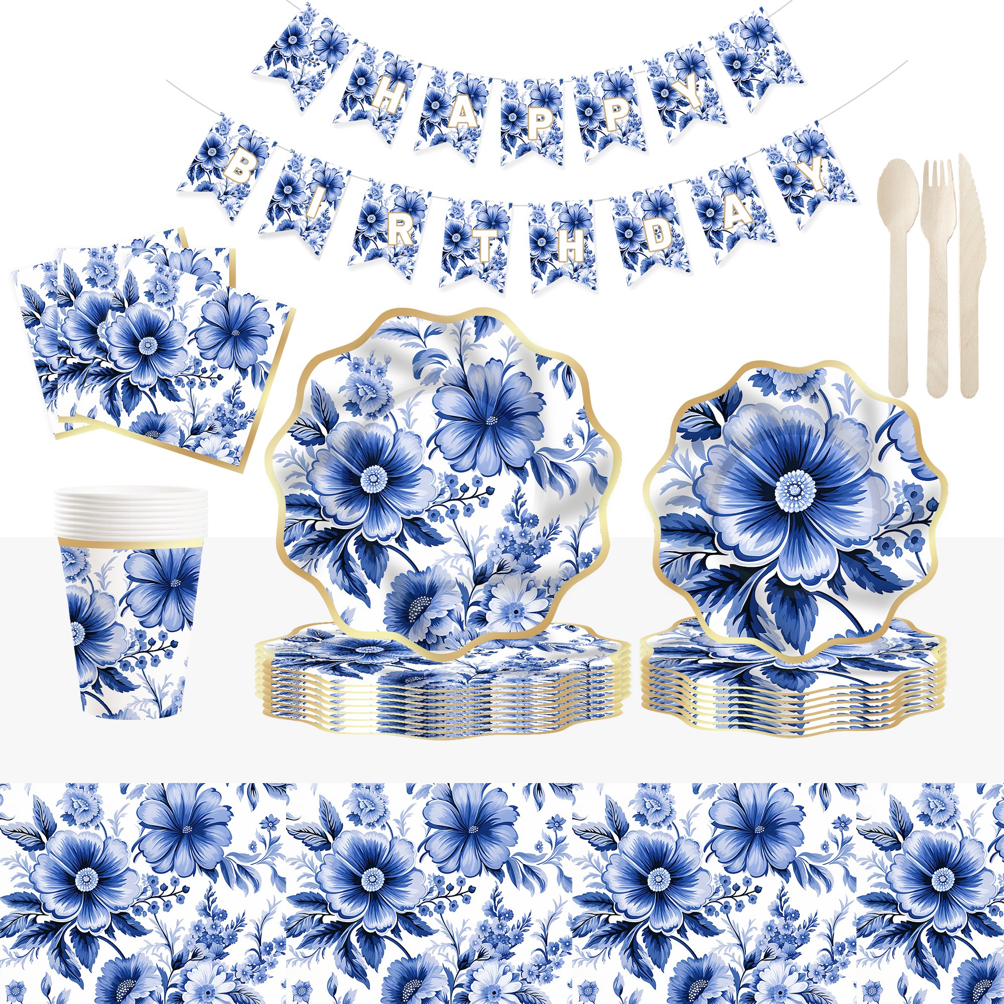 DAMAI Blue Flower Disposable Tableware 10Inch 8Inch Elegant Floral Gold Paper Plates Blue Floral Cups for Birthday Wedding