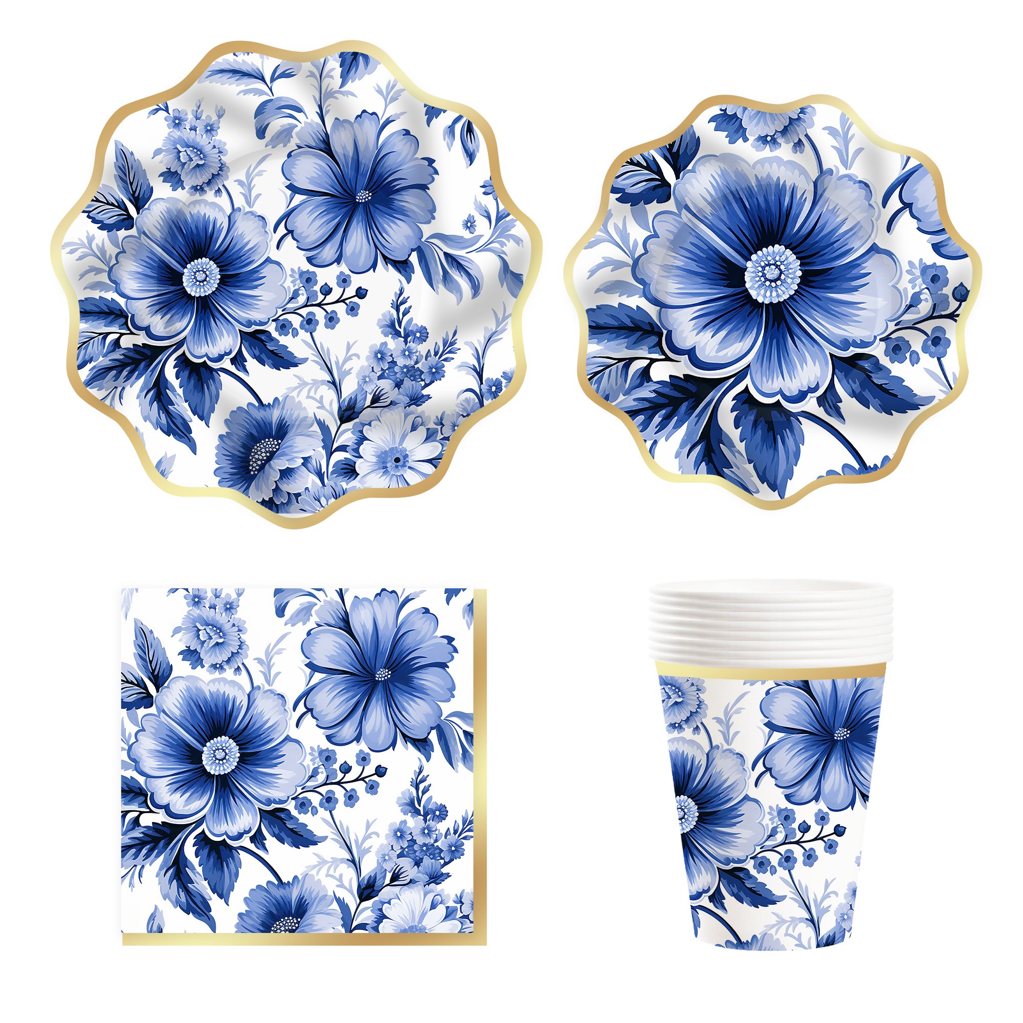 DAMAI Blue Flower Disposable Tableware 10Inch 8Inch Elegant Floral Gold Paper Plates Blue Floral Cups for Birthday Wedding