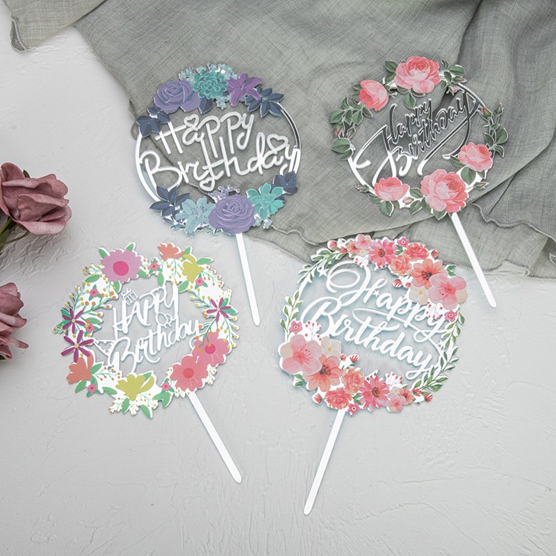 Colorful Cake Toppers Acrylic Flower Happy Birthday Letter Cake Topper For Birthday DIY Dessert Cake Decoration Supplies XQA800