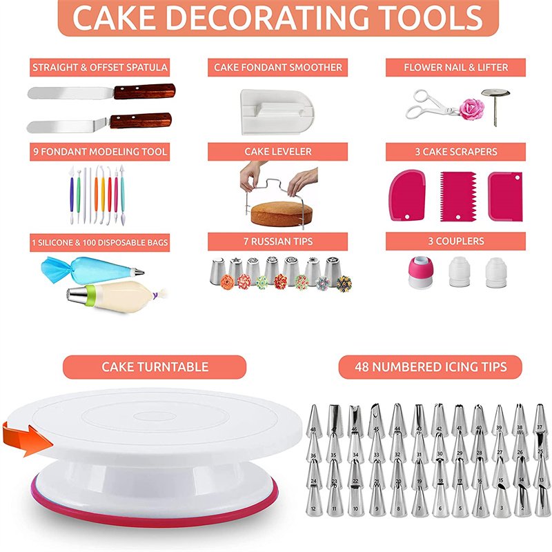500pcs baking set with Stainless steel nozzle Rotating cake stand Disposable piping bag cake decorating accessories