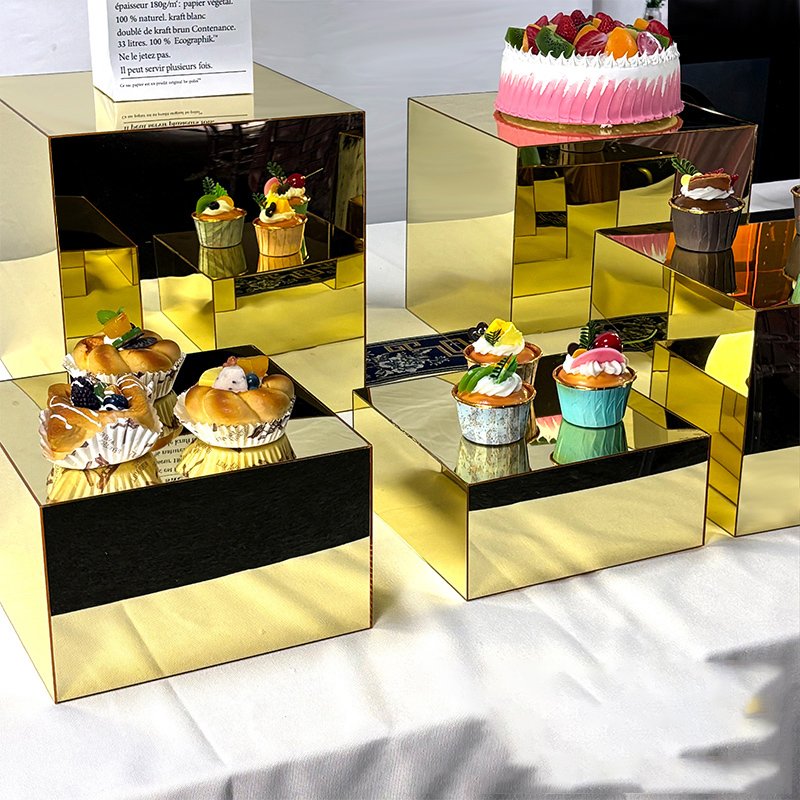 Gaojian Gold Meal Stand Tea break Cake Snack Rack Acrylic Cube Buffet Food Display Risers