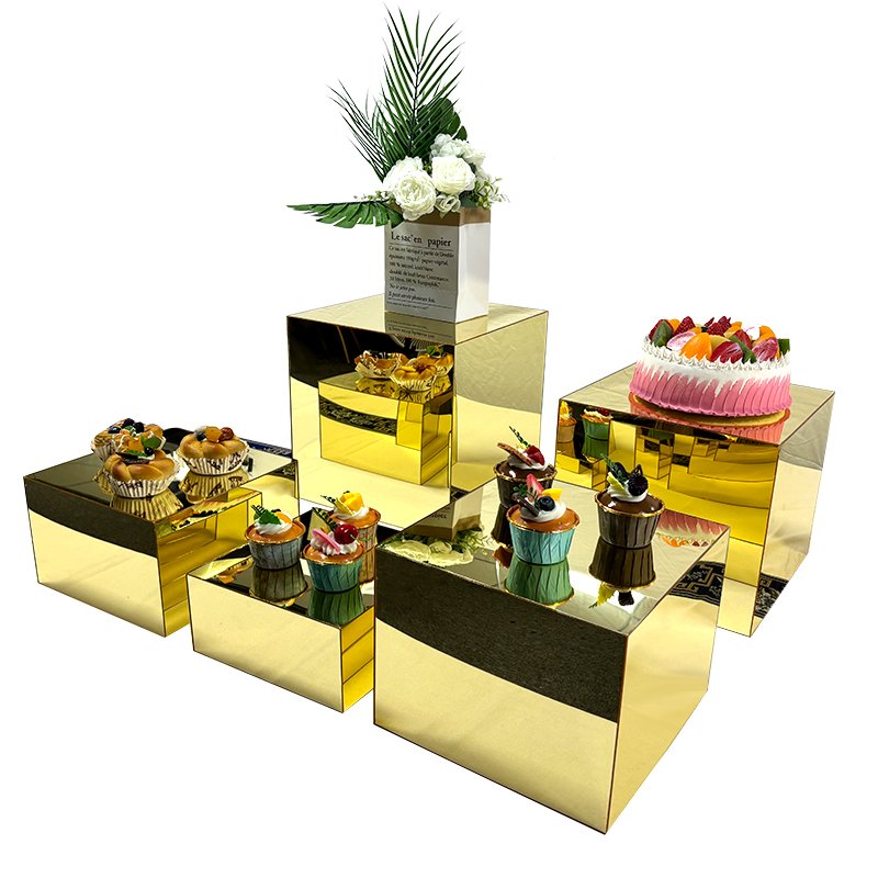 Gaojian Gold Meal Stand Tea break Cake Snack Rack Acrylic Cube Buffet Food Display Risers