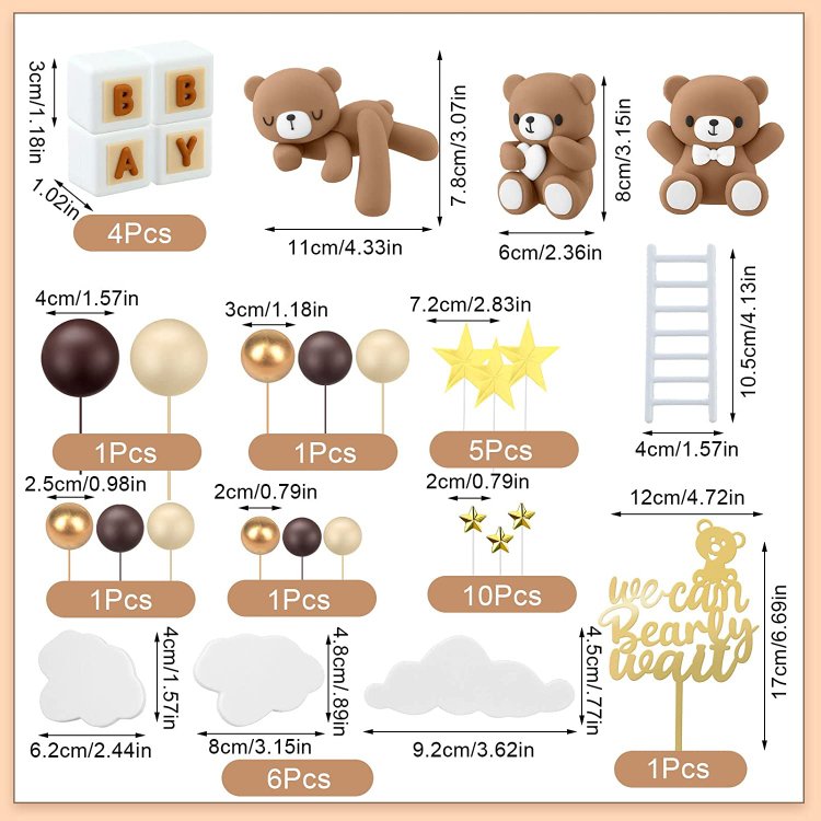 Bear Cake Toppers Mini Bear Cake Decorations Gold White Pearl Ball for Boy Girl Baby Shower Birthday Party Decorations