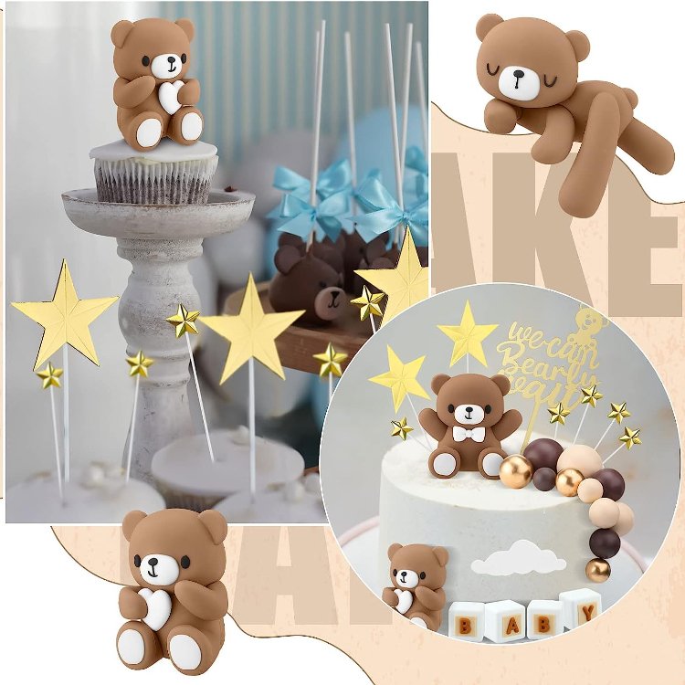 Bear Cake Toppers Mini Bear Cake Decorations Gold White Pearl Ball for Boy Girl Baby Shower Birthday Party Decorations