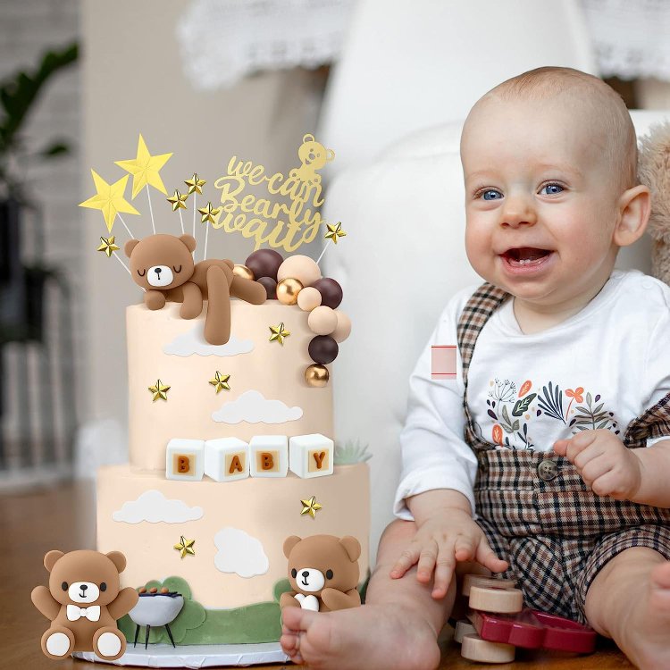 Bear Cake Toppers Mini Bear Cake Decorations Gold White Pearl Ball for Boy Girl Baby Shower Birthday Party Decorations