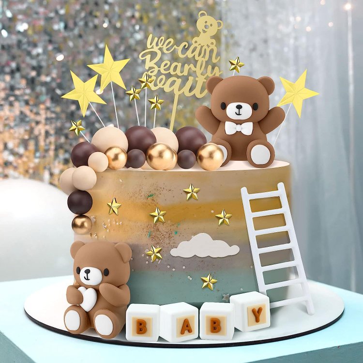 Bear Cake Toppers Mini Bear Cake Decorations Gold White Pearl Ball for Boy Girl Baby Shower Birthday Party Decorations