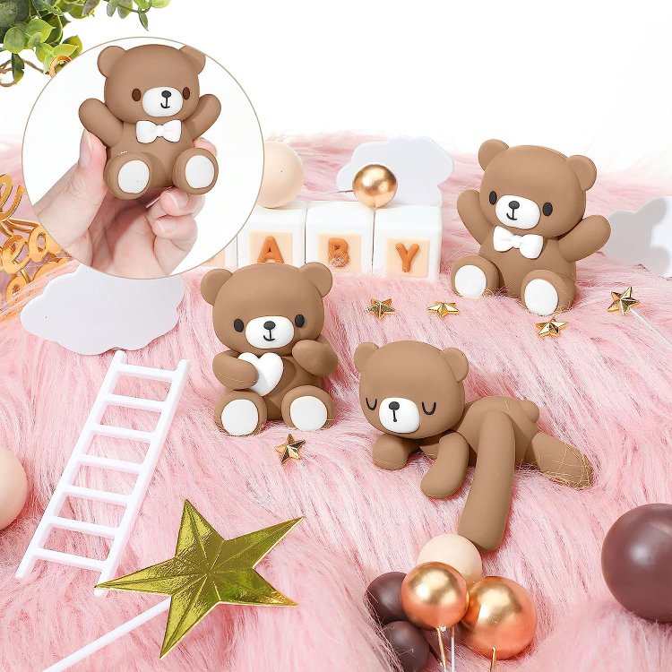 Bear Cake Toppers Mini Bear Cake Decorations Gold White Pearl Ball for Boy Girl Baby Shower Birthday Party Decorations