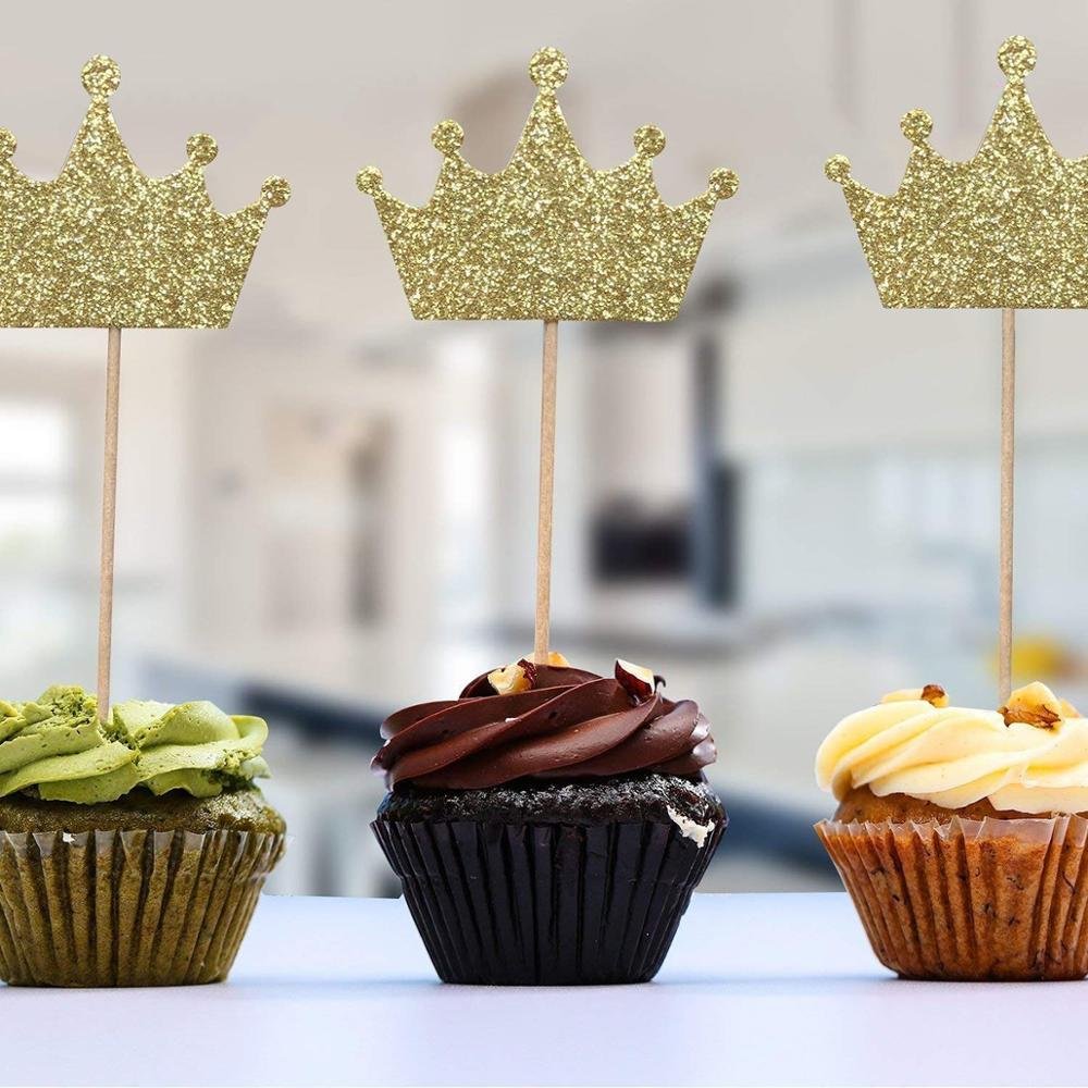 Gold Glitter Crown Cupcake Toppers Cake Decoration for First Birthday, Birthday Party, Baby Shower, Wedding