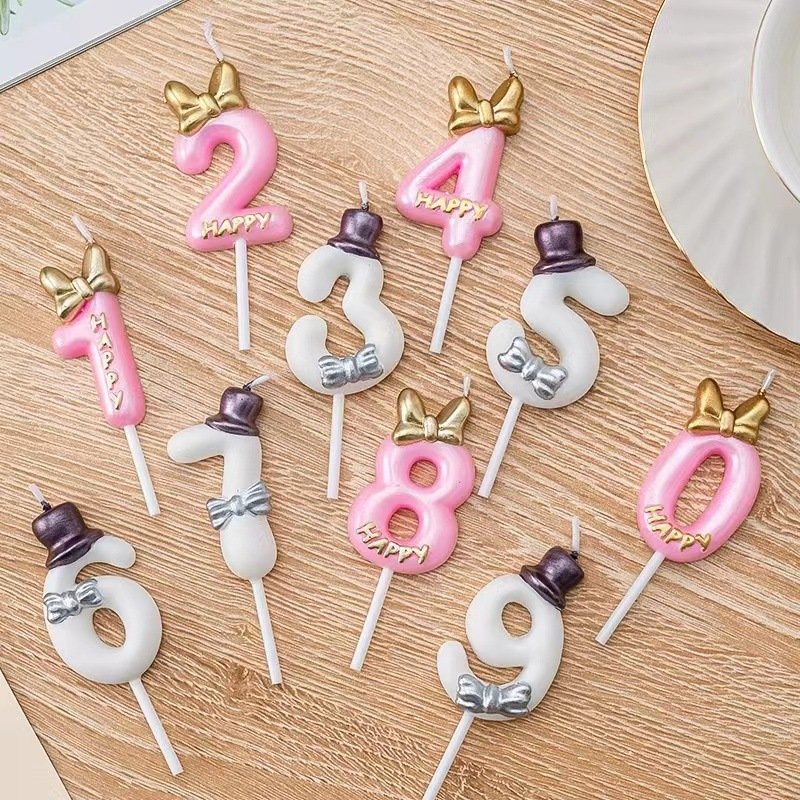 Digital candle 0-9 topper cake Cute pink bow White little hat Birthday candle cake topper candles numbers cake decoration