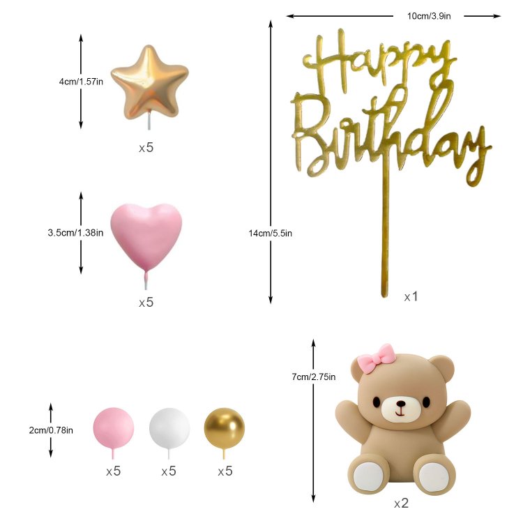 Pink Bear Cake Topper Baby Shower Girl's Birthday Gender Reveal Party Supplies Gold White Pearl Ball Cake Decorating Decorations