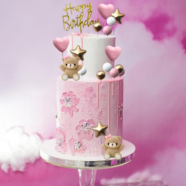 Pink Bear Cake Topper Baby Shower Girl's Birthday Gender Reveal Party Supplies Gold White Pearl Ball Cake Decorating Decorations