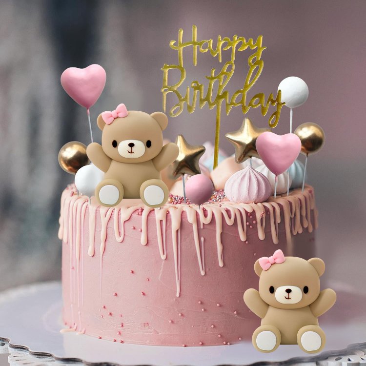 Pink Bear Cake Topper Baby Shower Girl's Birthday Gender Reveal Party Supplies Gold White Pearl Ball Cake Decorating Decorations