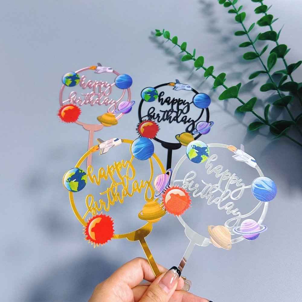 Space Theme Happy Birthday Cake Toppers Acrylic Earth Cake Topper For Birthday Party Supplies