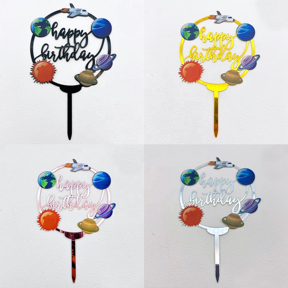Space Theme Happy Birthday Cake Toppers Acrylic Earth Cake Topper For Birthday Party Supplies