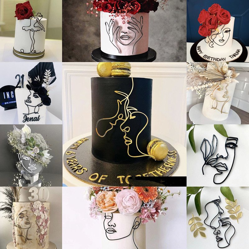 New Acrylic Minimalist Art Lady Face Cake Topper Girl Happy Birthday Cake Decoration Wedding Cake bakingToppers Party Supplies
