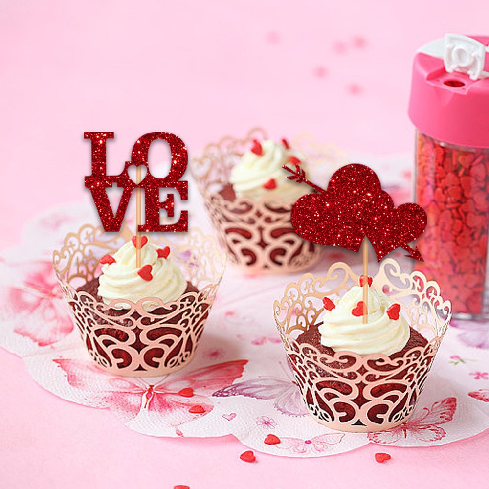 12 Pcs/Pack Glitter Love Heart Paper Cupcake Topper Decoration Set for Valentine's Day Party Small Cake Decoration Supplies