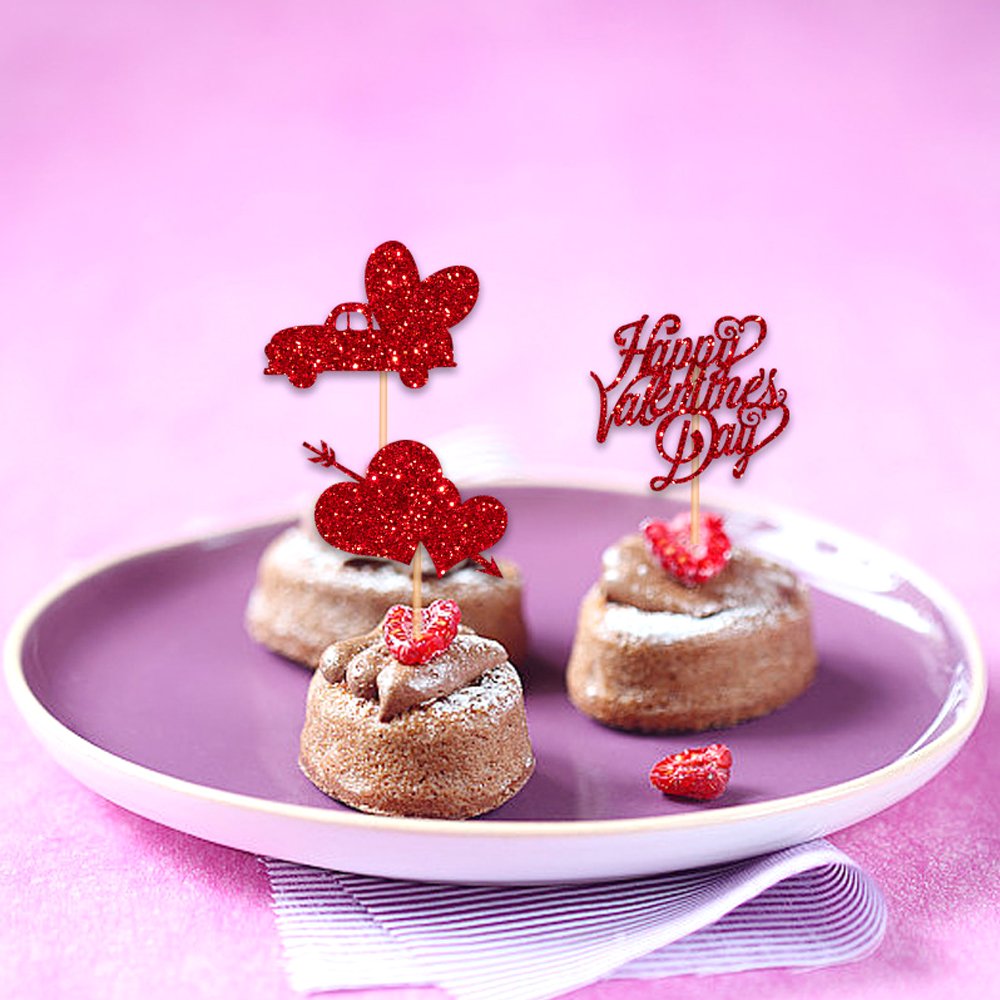12 Pcs/Pack Glitter Love Heart Paper Cupcake Topper Decoration Set for Valentine's Day Party Small Cake Decoration Supplies