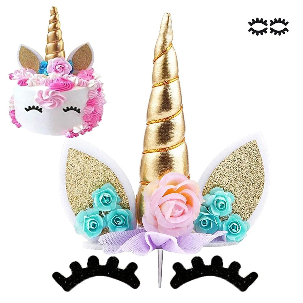 Unicorn Cake Topper Kit Birthday Decorations with Eyelashes Reusable Gold Horn and Wings Unicorn Party Supplies for Party