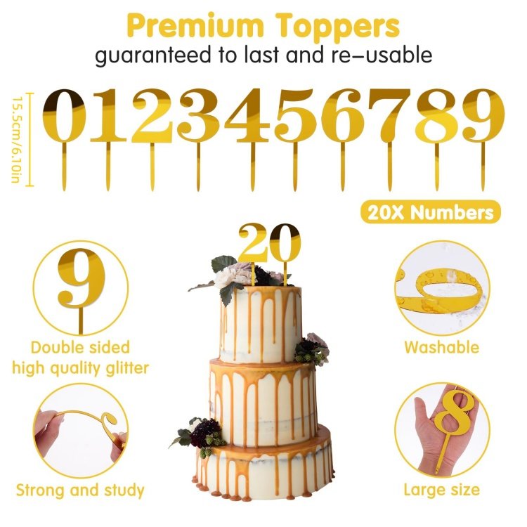 0-9 Number Acrylic Gold Shiny Cake Topper DIY Glitter Number Cupcake Decorations for Birthday Party Anniversary