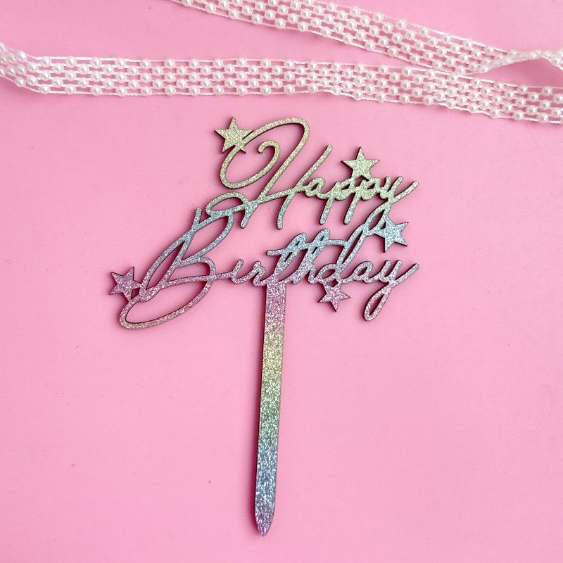 Happy Birthday Glitter Paper Gold Onion Paper Cake Decoration Wooden Cake Insert Cake Toppers Wholesale
