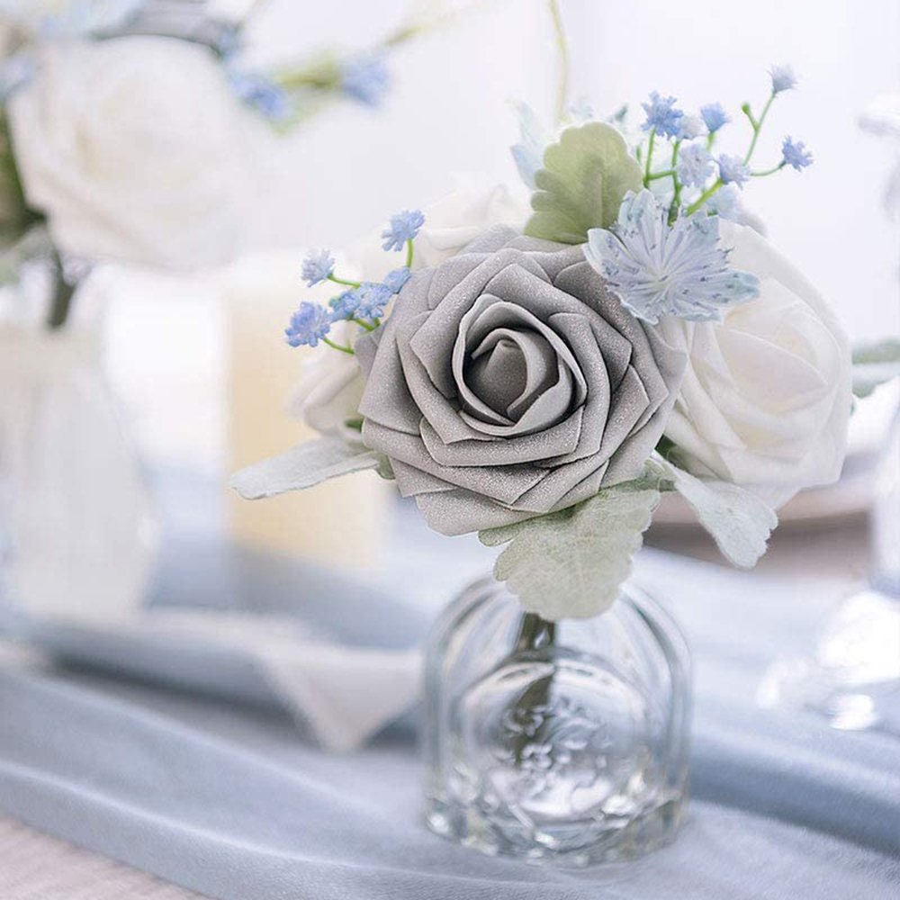 Artificial Foam Roses Decor DIY for Wedding Bouquets Centerpieces Arrangements Party Home Decor Shimmer Silver&Grey