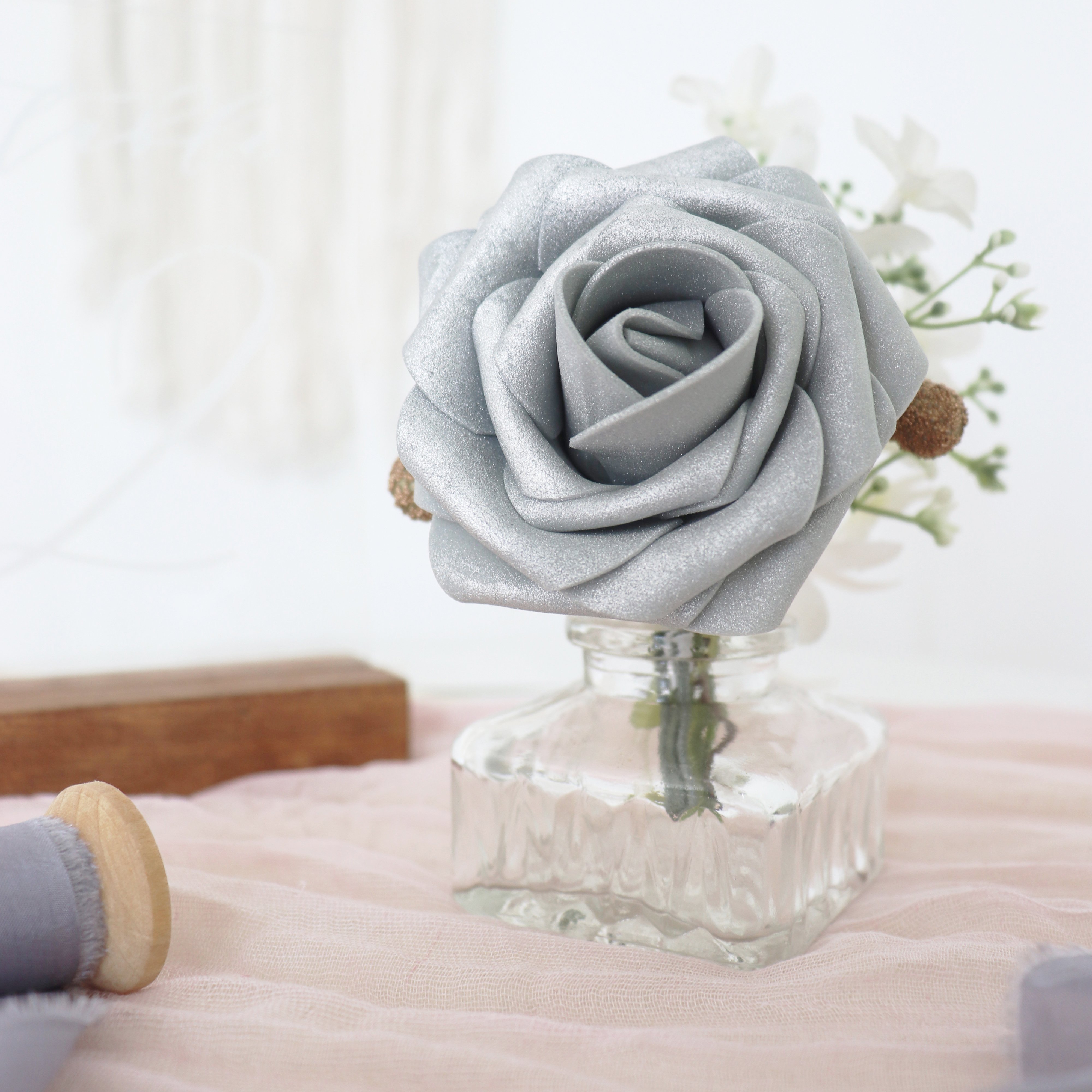 Artificial Foam Roses Decor DIY for Wedding Bouquets Centerpieces Arrangements Party Home Decor Shimmer Silver&Grey