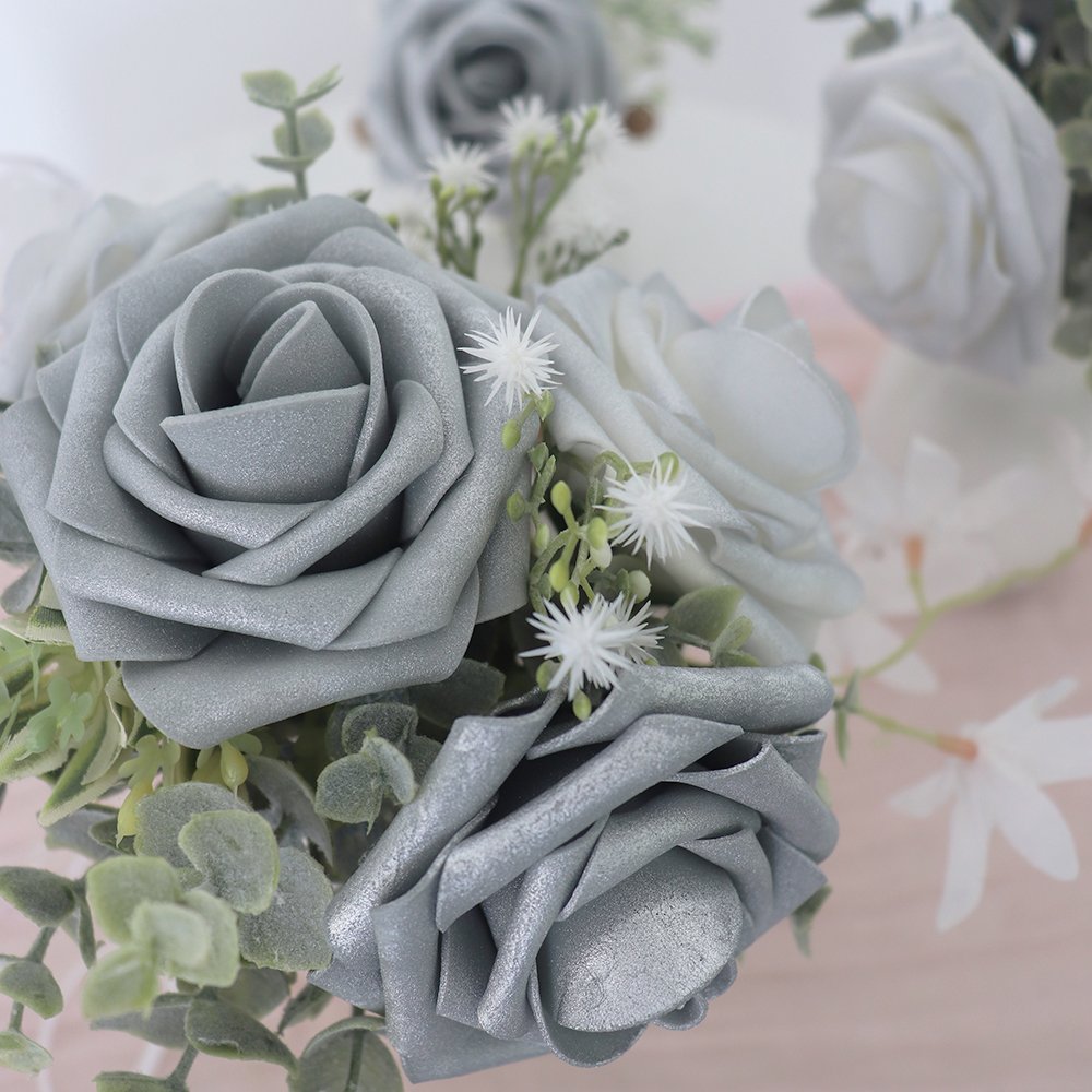 Artificial Foam Roses Decor DIY for Wedding Bouquets Centerpieces Arrangements Party Home Decor Shimmer Silver&Grey