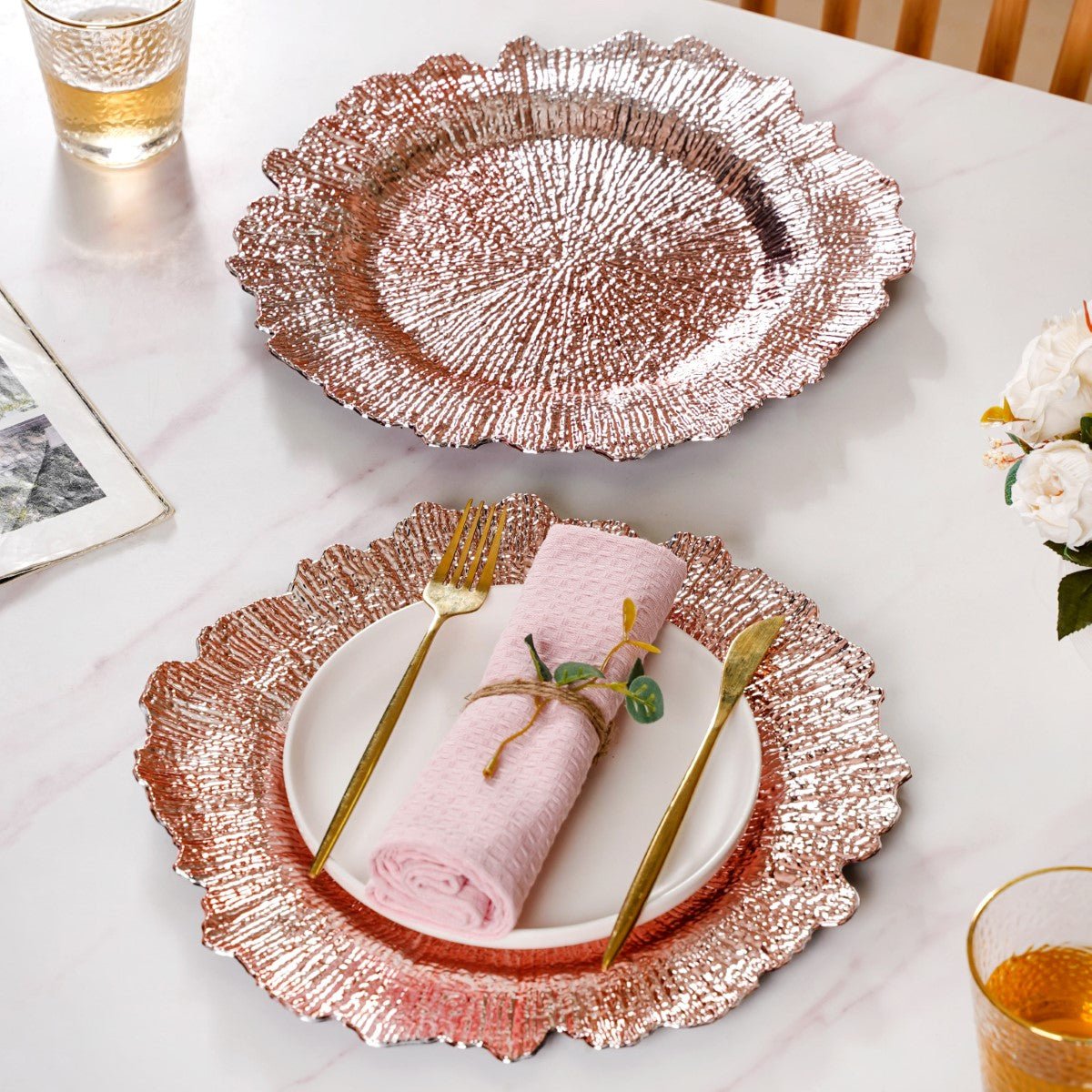 Most Durable Golden Colored Floral Design Charger Plate For Best Dinner Serving Trendy Unique Design Metal Charger Under Plates