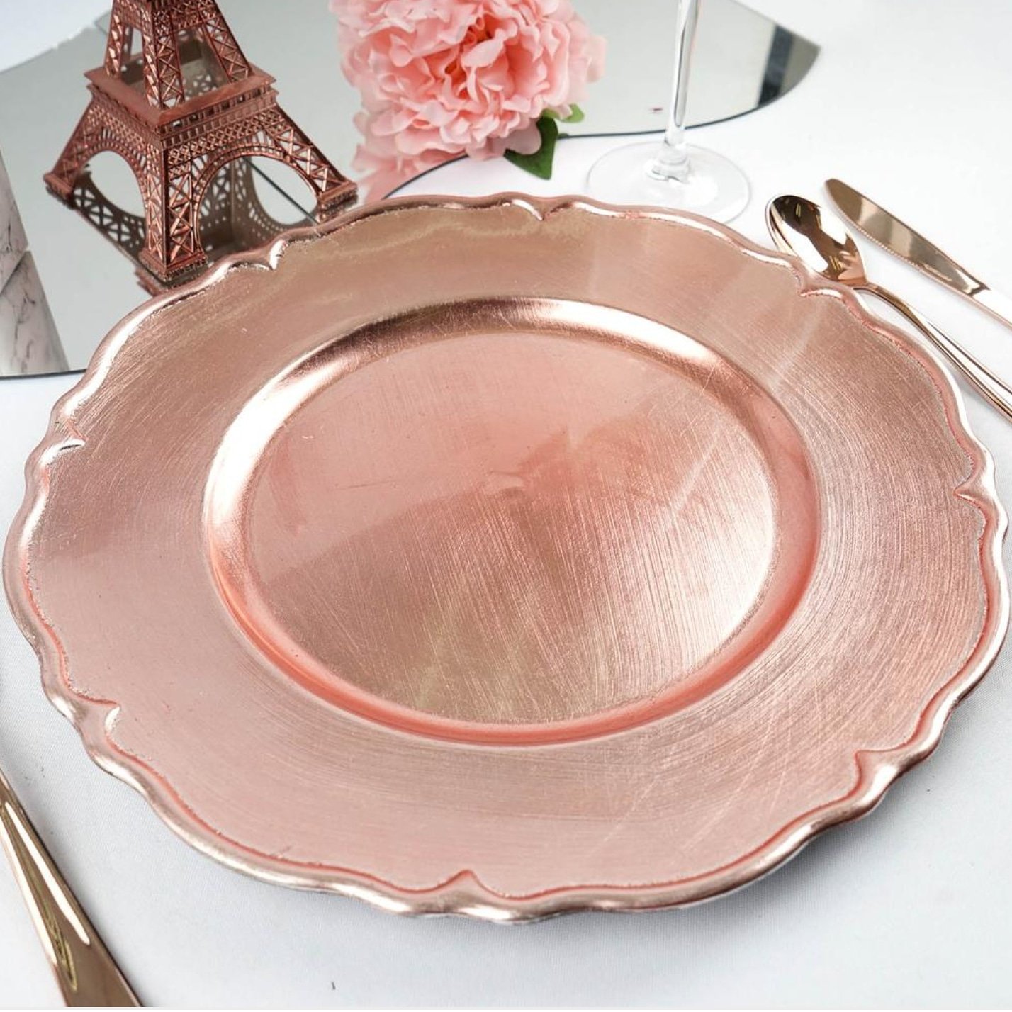 Most Durable Golden Colored Floral Design Charger Plate For Best Dinner Serving Trendy Unique Design Metal Charger Under Plates