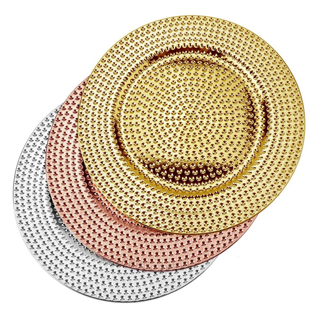 Most Durable Golden Colored Floral Design Charger Plate For Best Dinner Serving Trendy Unique Design Metal Charger Under Plates
