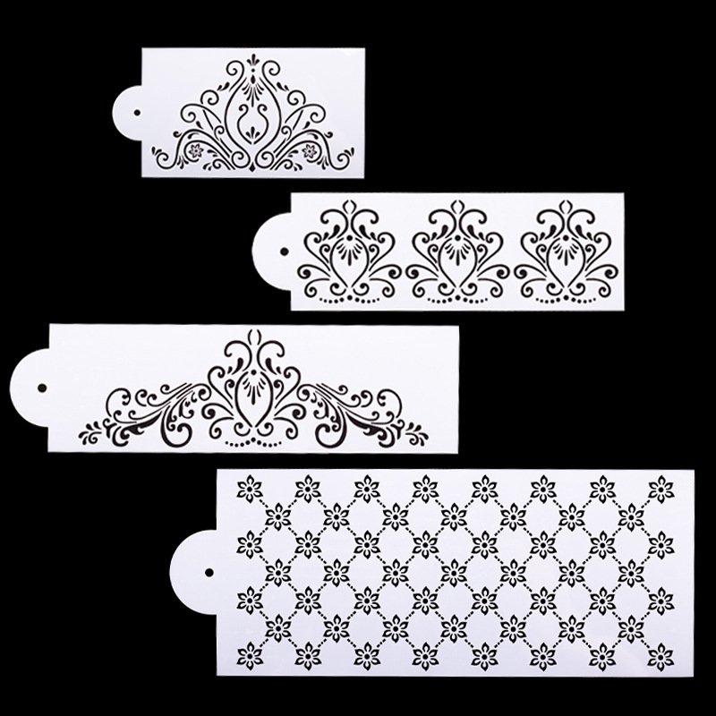 Factory wholesale PVC 4pcs cake stencil fondant chocolate embossed flower pattern for birthday cake stencil cake accessories