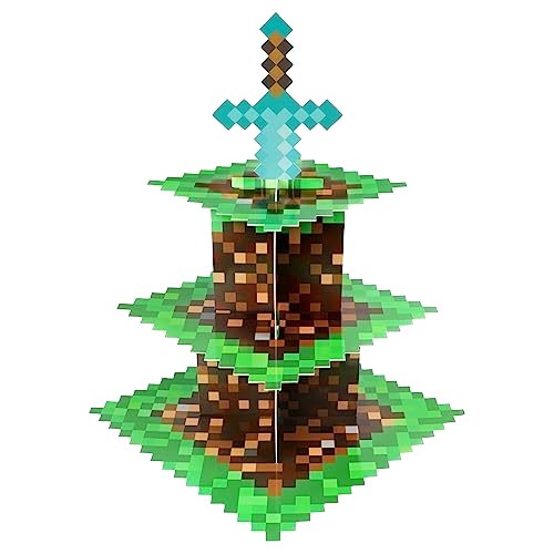 Pixel Game Style Cupcakes Holder 3-Tier Cardboard Cupcake Stand Dessert Tower Displaying for Birthday Party Supplies Decoration