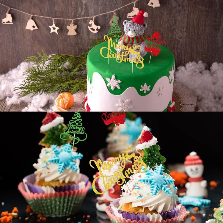 24Pcs Christmas Cake Toppers Glittery Cake Topper Xmas Tree Snowman Merry Christmas Party Table Centerpiece Decoration Supplies