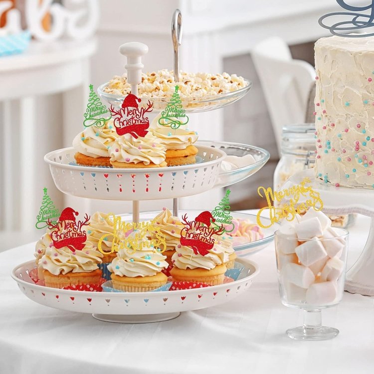 24Pcs Christmas Cake Toppers Glittery Cake Topper Xmas Tree Snowman Merry Christmas Party Table Centerpiece Decoration Supplies