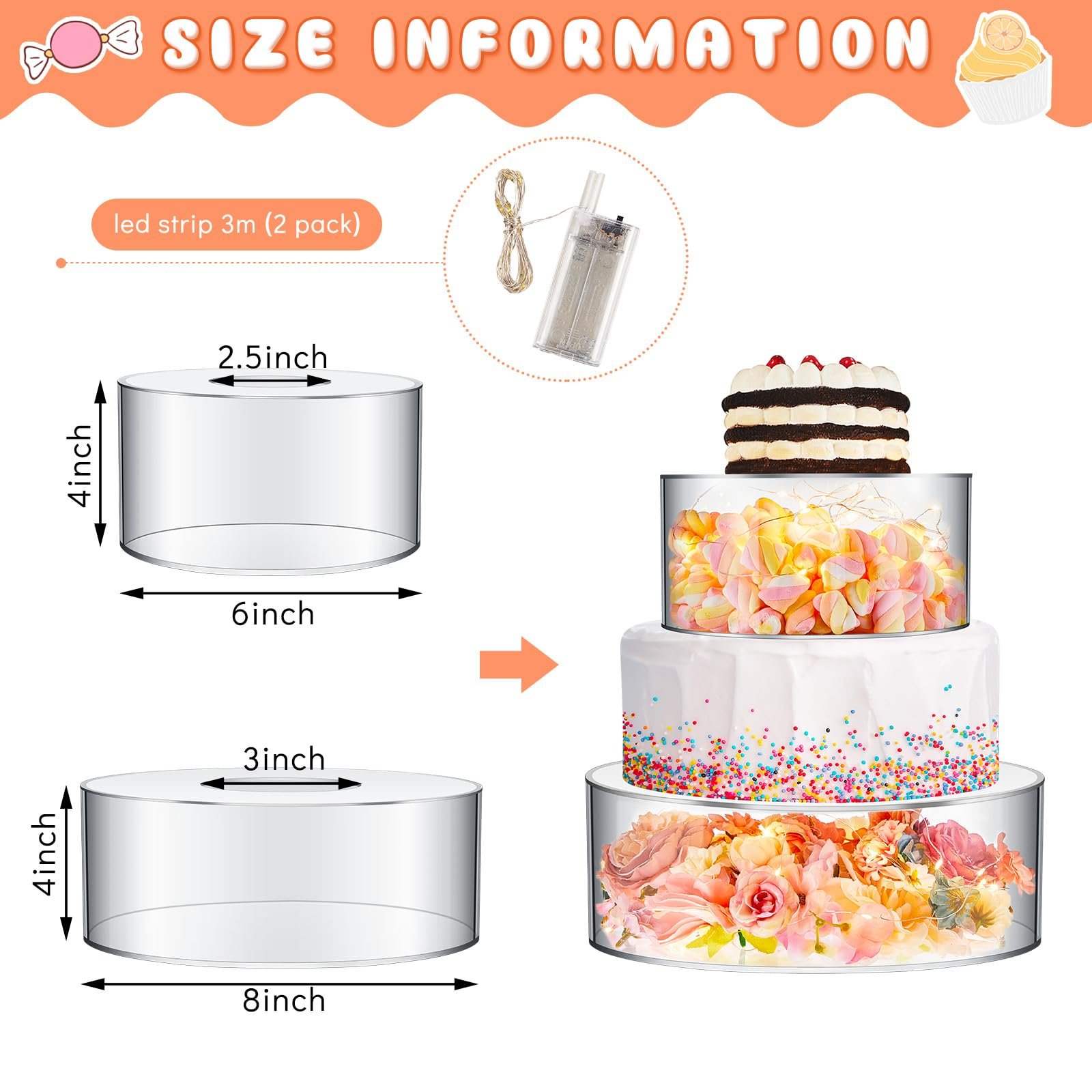 Factory wholesale 2 Pcs with LED Strings artificial flowers cake decorating supplies Acrylic Cake Stands for Birthday Wedding