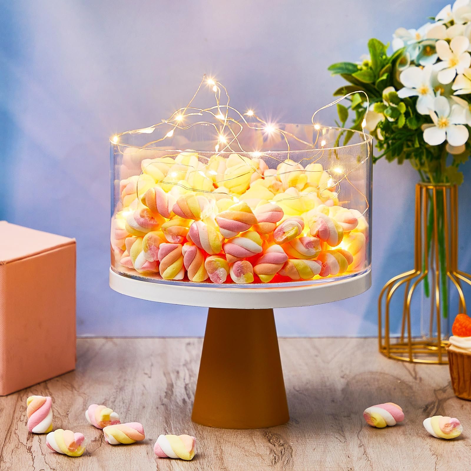 Factory wholesale 2 Pcs with LED Strings artificial flowers cake decorating supplies Acrylic Cake Stands for Birthday Wedding