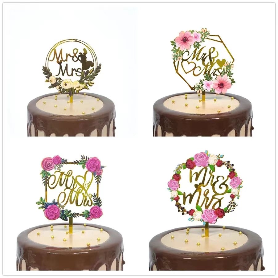 New Design Color Flower Happy Wedding Cake Topper Gold Mr&Mrs Acrylic Cake Decorating Supplies for Wedding Party Cake Decoration