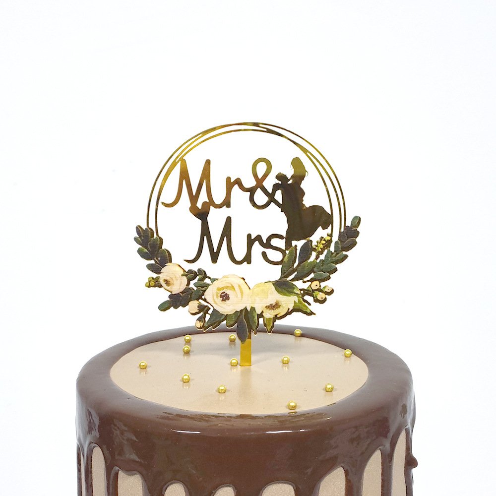 New Design Color Flower Happy Wedding Cake Topper Gold Mr&Mrs Acrylic Cake Decorating Supplies for Wedding Party Cake Decoration