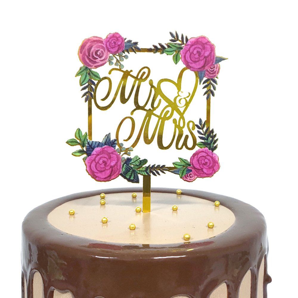 New Design Color Flower Happy Wedding Cake Topper Gold Mr&Mrs Acrylic Cake Decorating Supplies for Wedding Party Cake Decoration