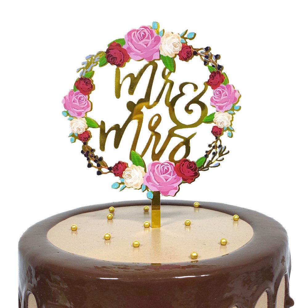 New Design Color Flower Happy Wedding Cake Topper Gold Mr&Mrs Acrylic Cake Decorating Supplies for Wedding Party Cake Decoration