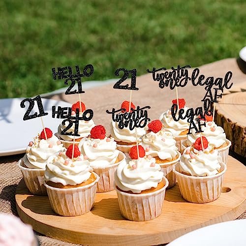 Happy Birthday Party Decorations with Black Glitter 21st Birthday Cupcake Toppers for Weeding Anniversary Party Decorations