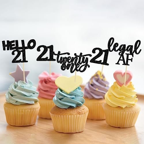 Happy Birthday Party Decorations with Black Glitter 21st Birthday Cupcake Toppers for Weeding Anniversary Party Decorations